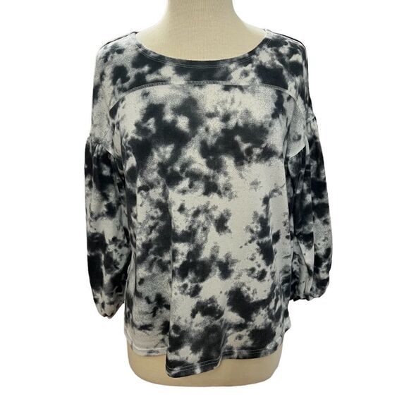 Moda Size Large Long Sleeve Round Neck Black White Tie Dye Blouse Knit Top - Picture 1 of 6